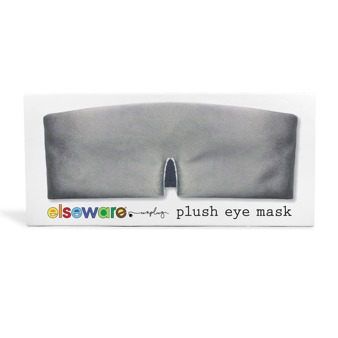 A gray Plush Eye Mask with a nose cutout and light-blocking design from Elseware Unplug, shown in colorful branded packaging on a white background.