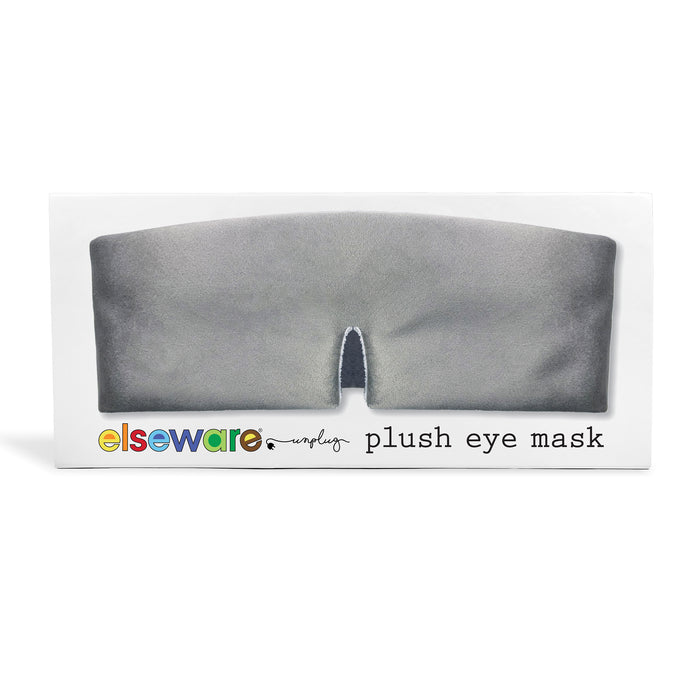 A gray Plush Eye Mask with a nose cutout and light-blocking design from Elseware Unplug, shown in colorful branded packaging on a white background.