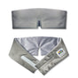 A soft, gray Plush Eye Mask headband by Elseware Unplug is shown flat with a central notch and folded to highlight the logo label and Velcro closure, lined in smooth light gray—ideal for pairing with your favorite sleep mask.