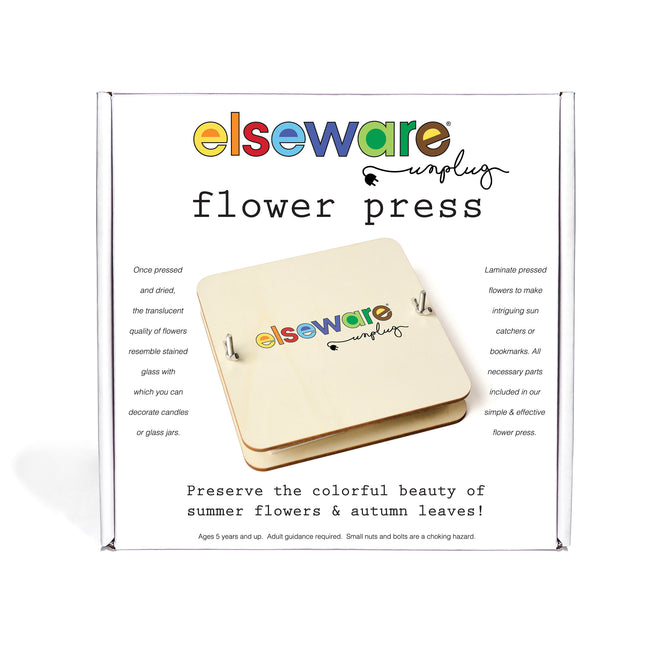 The Elseware Unplug Flower Press DIY kit includes a wooden press with metal bolts and instructions for pressing and drying flowers, perfect for crafts. Suitable for ages 5+. Boxed and ready to use.