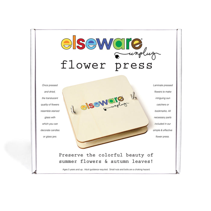 The Elseware Unplug Flower Press DIY kit includes a wooden press with metal bolts and instructions for pressing and drying flowers, perfect for crafts. Suitable for ages 5+. Boxed and ready to use.