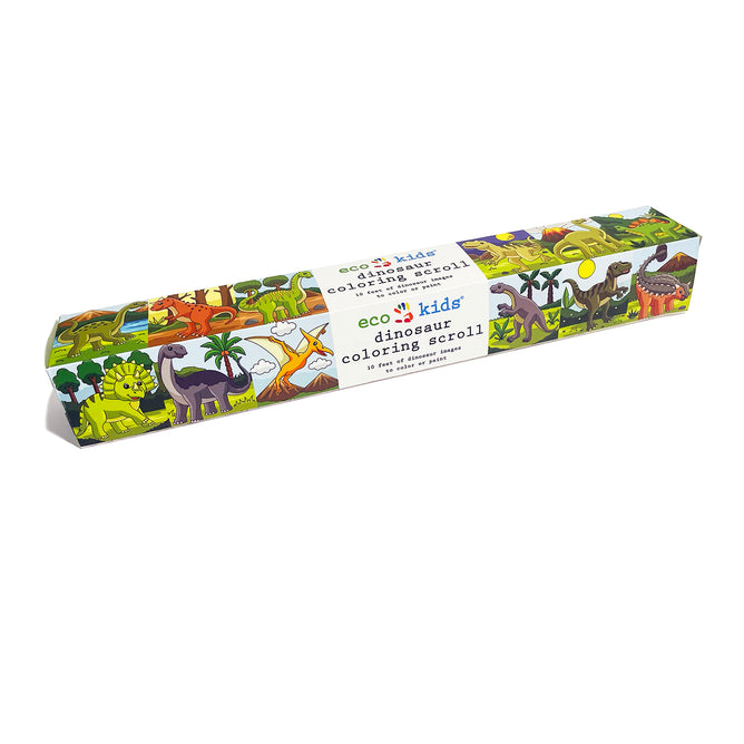 A rectangular box labeled Coloring Scroll by Elseware Unplug displays vibrant dinosaur and prehistoric illustrations. Inside, a perforated roll of coloring paper offers easy, mess-free creative fun. The box is shown on a white background.