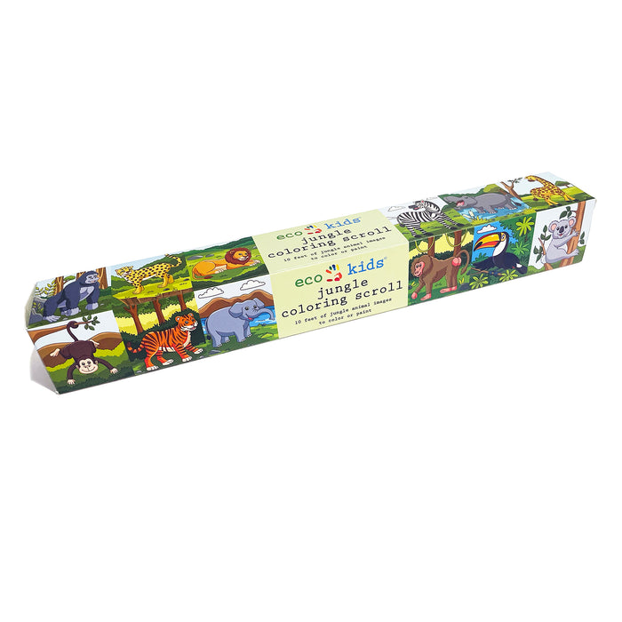Elseware Unplug’s Coloring Scroll comes in a rectangular box with vibrant jungle animal artwork and includes a perforated roll of coloring paper for endless creative fun.