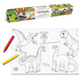 The Elseware Unplug Coloring Scroll is a dinosaur-themed perforated roll with black-and-white dinosaur illustrations, two crayons (red and yellow), and comes in a colorful box labeled Elseware Dinosaur Coloring Scroll.