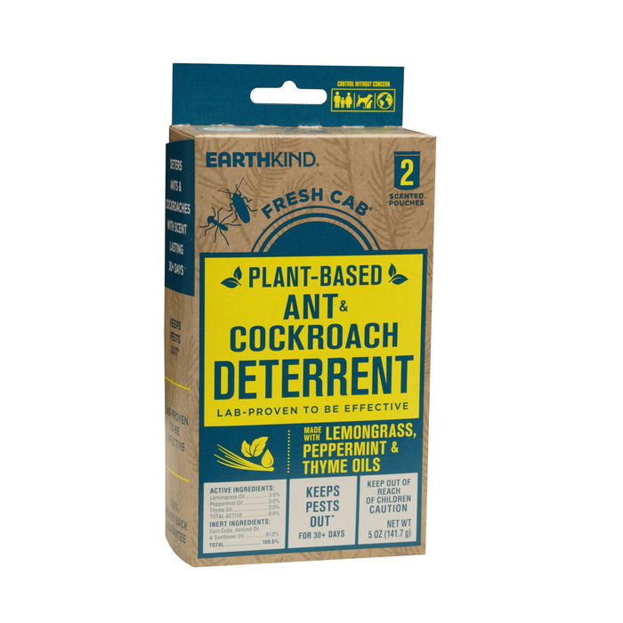 A box of Earthkind Stay Away® Ant & Roach Deterrent contains two scented pouches with lemongrass, peppermint, and thyme oils for natural pest control and 30 days of effective protection.