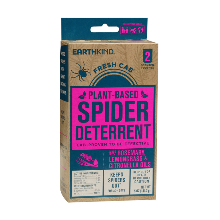 A box of Earthkind Fresh Cab® Spider Deterrent with two scented pouches uses rosemary, lemongrass, and citronella oils for no-kill pest control, keeping spiders away for up to 30 days.