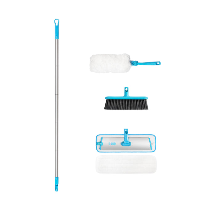 The E-Cloth Easy-Click Home Cleaning Set includes a long handle, white duster, black broom head, flat mop head, and reusable pads—interchangeable tools accented in blue and neatly arranged on a white background.