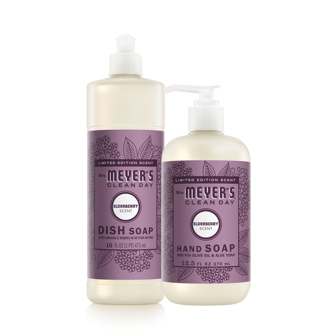 The Mrs. Meyer's Fall Hand & Dish Soap Set includes a 16 fl oz dish soap with a flip cap and a 12.5 fl oz pump hand soap, both with purple elderberry-themed labels and delightful fall scents.