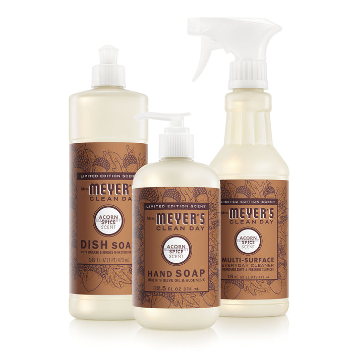 The Mrs. Meyer's Fall Cleaning Set – Home Essentials features dish soap, hand soap, and multi-surface cleaner in the Acorn Spice scent—a perfect fall trio for seasonal cleaning.