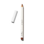 An Ere Perez Acai Lip Pencil with a white body, brown tip, black “Acai Lip Pencil” text, and a white cap lies on a white surface.