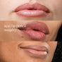 Three close-up shots show Ere Perez’s Acai Lip Pencil in mauve-pink, labeled “Naughty,” on three skin tones. The long-lasting formula keeps color vibrant all day.