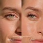 Close-up split image of a womans face showing her right eye before and after applying Ere Perez Mini Avocado Mascara. Left: natural lashes, ideal for sensitive eyes. Right: longer, darker lashes. Text reads: before and after.