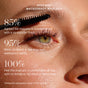 A close-up of someone applying Ere Perez Mini Avocado Mascara to their upper lashes, with text highlighting survey results on its smudge-proof, waterproof, and comfortable formula—ideal for sensitive eyes.