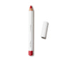 A red natural matte Coco Crayon Lipstick by Ere Perez, featuring a white body labeled “COCO CRAYON” and “Ere Perez,” is shown uncapped and lying to the right on a white background.