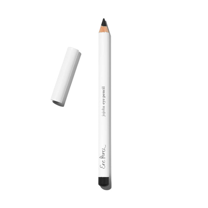 The Ere Perez Jojoba Eye Pencil, designed for sensitive eyes, features a black tip and a white cap removed and placed to the left.