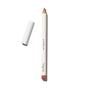 The Ere Perez Acai Lip Pencil, a plastic-free, long-lasting white lip liner with a sharpened brownish-red tip, is shown beside its removed white cap on a white background.