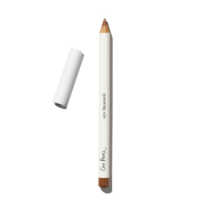 A brown Acai Lip Pencil by Ere Perez with a white body lies next to its matching cap on a plain white background, offering a long-lasting finish for defined lips.