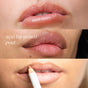 Close-up of three lips: top and middle are natural, the bottom is being lined with Ere Perez Acai Lip Pencil in a long-lasting nude shade. Text reads "Acai Lip Pencil Pout.