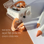 A white Ere Perez Perfect Catch Duo Sharpener with wood shavings sits beside two white makeup pencils on a brown and white background. Text reads: PAIR WITH: açaí lip pencils, coco crayons. Perfect for precise sharpening every time.