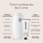 An infographic compares traditional body washes in white bottles with Everist’s The Exfoliating Body Wash Concentrate, showing differences in water content, skincare ingredients, packaging, travel-friendliness, and more. Text: There’s nothing else like Everist.