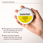 A hand holds the Everist The Shampoo Concentrate Tin, featuring a yellow and white design. Text highlights its concentrated cream formula with natural rosemary oil to repair hair and boost fullness.