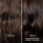 Side-by-side comparison of brown hair: the left shows frizzy, dry hair labeled Before, and the right displays smooth, shiny hair labeled After Showering with Everist’s The Shampoo Concentrate Tin & Drying.