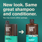 Two bottles of Every Man Jack 2-in-1 Shampoo and Conditioner for Men, Naturally Derived—old design on the left with a teal label, new design on the right with a brown label. Text above: New look. Same great men’s hair care—now infused with tea tree for refreshed, clean results.