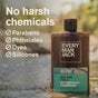 A bottle of Every Man Jack 2-in-1 Shampoo and Conditioner for Men, Naturally Derived, rests in a stream, with text highlighting its clean formula—made without parabens, phthalates, dyes, or silicones—for a refreshing approach to men’s grooming.