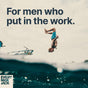 A man mid-backflip dives into water, accompanied by the text “For men who put in the work.” Showcasing men’s grooming at its best, the Every Man Jack 2-in-1 Shampoo and Conditioner for Men, Naturally Derived logo appears in the bottom left corner.