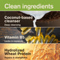 Image with three sections about the clean ingredients in Every Man Jack 2-in-1 Shampoo and Conditioner for Men: coconut-based cleanser with coconut and milk, vitamin B5 capsules, and hydrolyzed wheat protein—cruelty-free and hair-friendly.