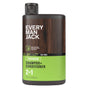 A 13.5 fl oz (400 mL) bottle of Every Man Jack 2-in-1 Shampoo + Conditioner, with tea tree scent, black cap, wood-patterned upper label, and bright green lower label. Made with coconut-derived surfactants.