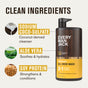 A bottle of Every Man Jack Hydrating Men's 3-in-1 Body Wash and Shampoo and Conditioner is shown with callouts for its cruelty-free, naturally derived ingredients: sodium coco-sulfate (cleanser), aloe vera (soothes), and soy protein (strengthens).