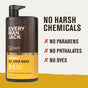 A bottle of Every Man Jack 3-in-1 All Over Wash, featuring a convenient pump top, sits beside text: No Harsh Chemicals. No Parabens. No Phthalates. No Dyes. The brown and yellow bottle contains coconut-derived surfactants.