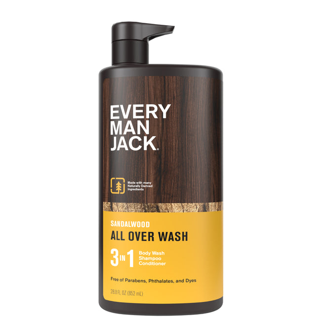 A bottle of Every Man Jack 3-in-1 All Over Wash with a brown wood-patterned label and yellow accents. Made with coconut-derived surfactants, this wash is paraben-, phthalate-, and dye-free.