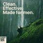A man sits on a rocky ledge by a misty waterfall, lush greenery around him. Large text: Clean. Effective. Made for men with natural ingredients. Bottom left: Every Man Jack Hydrating Men's 3-in-1 Body Wash and Shampoo and Conditioner logo.