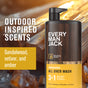 A bottle of Every Man Jack 3-in-1 All Over Wash rests on wood with amber stones. Text says “Outdoor Inspired Scents,” spotlighting sandalwood, vetiver, and aloe vera for a soothing cleanse.