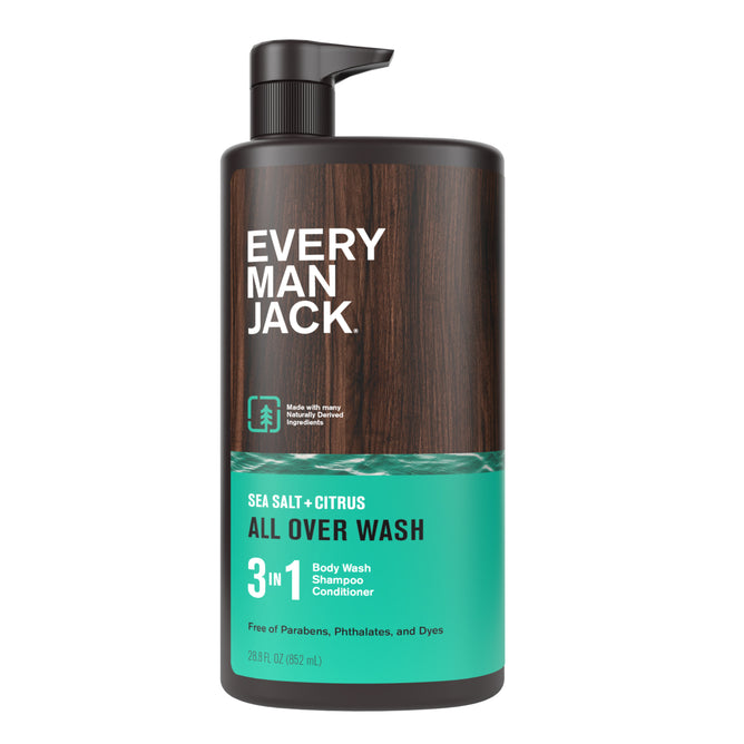 A bottle of Every Man Jack 3-in-1 All Over Wash in Sea Salt + Citrus scent, featuring a wood-grain top and teal bottom. This wash uses coconut-derived surfactants to cleanse body, hair, and condition for a refreshing clean.