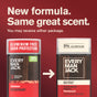 Two Every Man Jack Aluminum-Free Deodorant for Men, Naturally Derived sticks side by side with text: New formula. Same great scent. You may receive either package. Left shows “Aluminum Free”; right shows “0% Aluminum.” Background is red and brown—experience long-lasting freshness powered by natural odor fighters from Every Man Jack.
