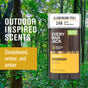 A stick of Every Man Jack Deodorant is set before a vibrant forest. Text reads: “Outdoor Inspired Scents. Sandalwood, vetiver, and amber.” Offers aluminum-free odor protection and uses corn-derived propanediol.