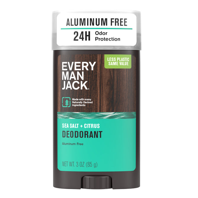 Every Man Jack Deodorant in Sea Salt + Citrus scent is aluminum-free, offers 24-hour odor protection, uses less plastic, and features naturally derived, moisture-absorbing ingredients. Each stick contains 3 oz (85 g).