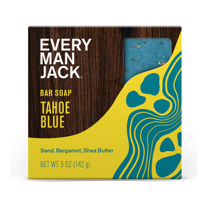 A 5 oz (142 g) box of Every Man Jack Cold Plunge Bar Soap, in Tahoe Blue. Features a wood and teal design with yellow accents and is made with sand, bergamot, and shea butter for a fresh pine scent.