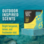 A box of Every Man Jack Cold Plunge Bar Soap is shown against clear blue water. Text reads: Outdoor Inspired Scents—bright bergamot, lemon, freshwater mist, invigorating pine, with naturally derived ingredients.