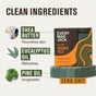An image of Every Man Jack Cold Plunge Bar Soap, featuring text about clean ingredients: shea butter (nourishes), eucalyptus oil (refreshes), and pine oil (invigorates). This Cold Plunge soap contains zero grit.