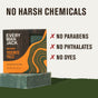 A box of Every Man Jack Cold Plunge Bar Soap is shown with a green bar. Text beside it reads: No Harsh Chemicals, No Parabens, No Phthalates, No Dyes—each with a red X. Made with naturally derived ingredients and invigorating pine.
