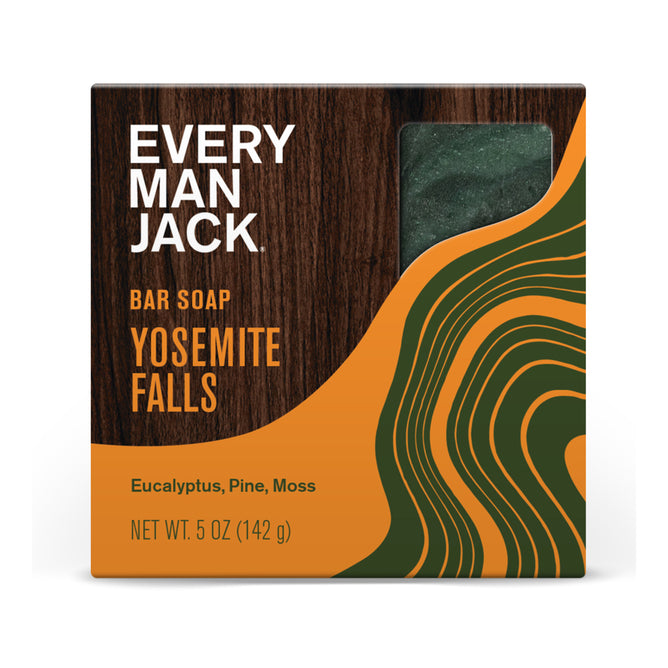 Every Man Jack Cold Plunge Bar Soap features eucalyptus, pine, and moss with naturally derived ingredients. The 5 oz box has wood and green topographic designs and a window displaying the dark green soap inside.