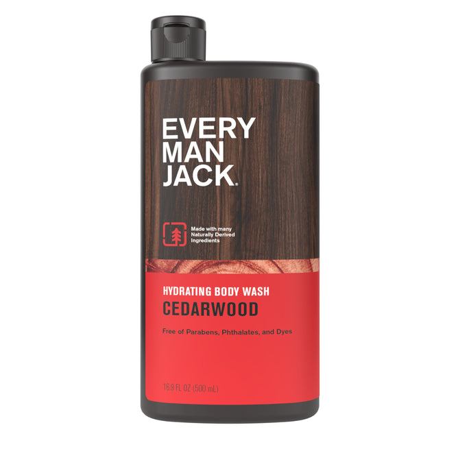 Every Man Jack Body Wash, 16.9 fl oz (500 mL), deep cleans and moisturizes with a Cedarwood scent. Features a wood-patterned label and red lower section. Free of parabens, phthalates, and dyes.