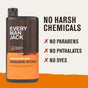 Every Man Jack Body Wash is shown with text: No harsh chemicals, parabens, phthalates, or dyes. This body wash moisturizes skin and delivers a deep clean.