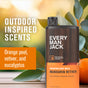 A bottle of Every Man Jack Body Wash is shown with oranges and green leaves. Text: “Outdoor inspired scents” and “Orange peel, vetiver, eucalyptus provide a deep clean with naturally-derived ingredients.”.