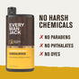 Every Man Jack Body Wash is shown with text: No harsh chemicals, parabens, phthalates, or dyes. The label highlights its gentle, moisturizing formula that deeply cleans without these ingredients.