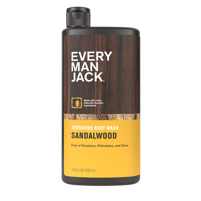 Every Man Jack Body Wash, Sandalwood scent, in a 16.9 fl oz (500 mL) bottle with a dark wood-pattern label, deeply cleans and moisturizes skin. Free of parabens, phthalates, and dyes.